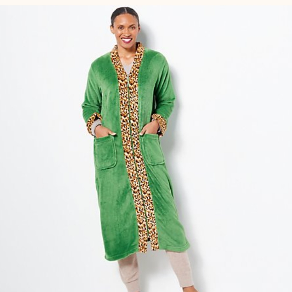 Stan Herman Class Plush Safari Zip Lounger Robe Green Medium